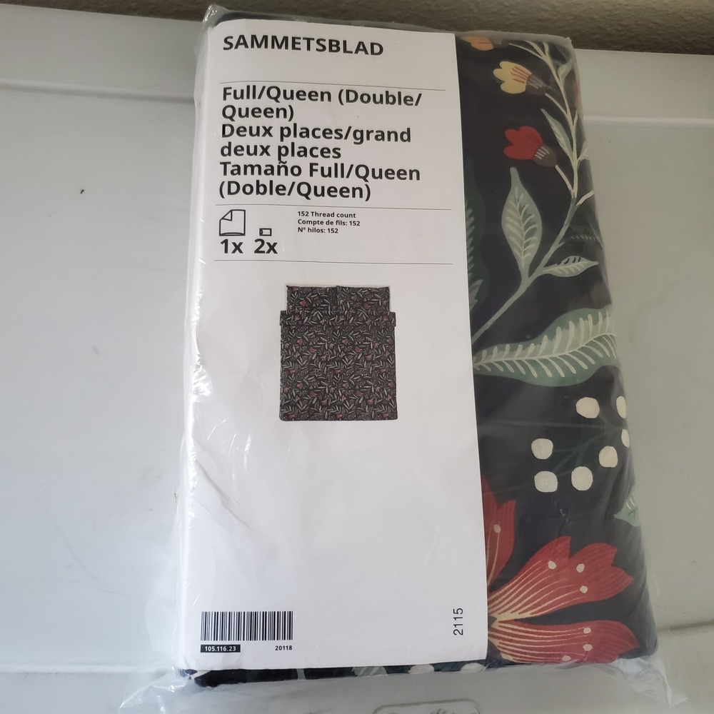 IKEA Sammetsblad QUEEN Full Duvet Cover w Pillowcases SET Black Floral Scandi